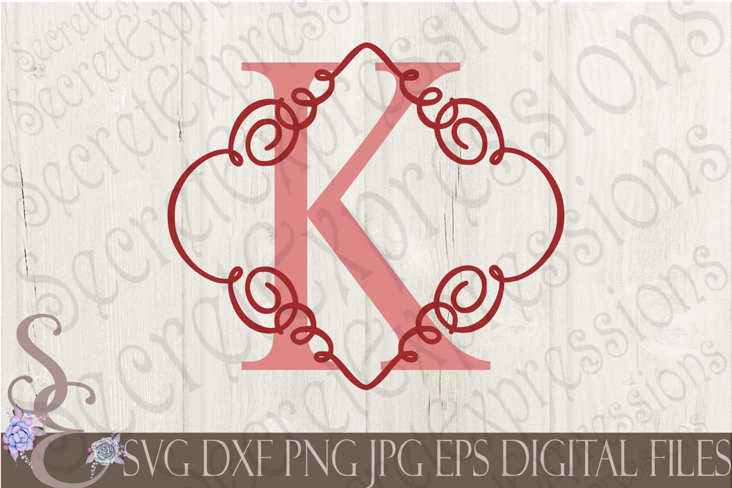 Letter K Initial Swirl Border Monogram Svg, Digital File, SVG, DXF, EPS, Png, Jpg, Cricut, Silhouette, Print File