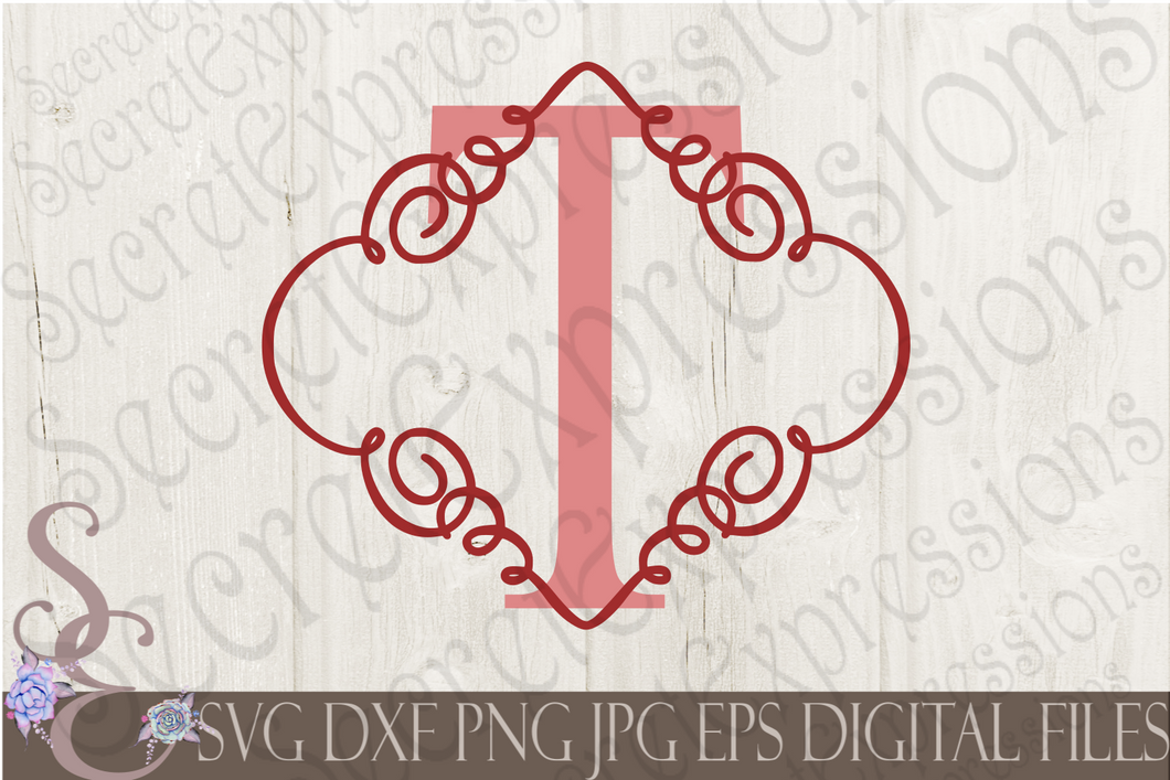 Letter T Initial Swirl Border Monogram Svg, Digital File, SVG, DXF, EPS, Png, Jpg, Cricut, Silhouette, Print File
