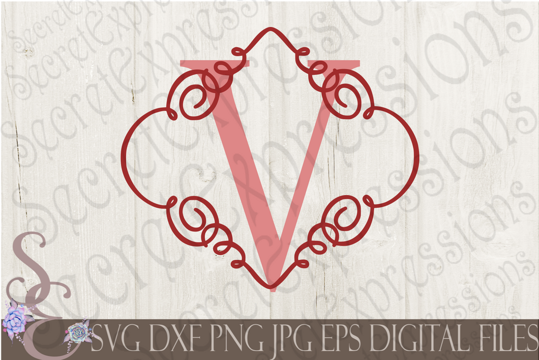 Letter V Initial Swirl Border Monogram Svg, Digital File, SVG, DXF, EPS, Png, Jpg, Cricut, Silhouette, Print File