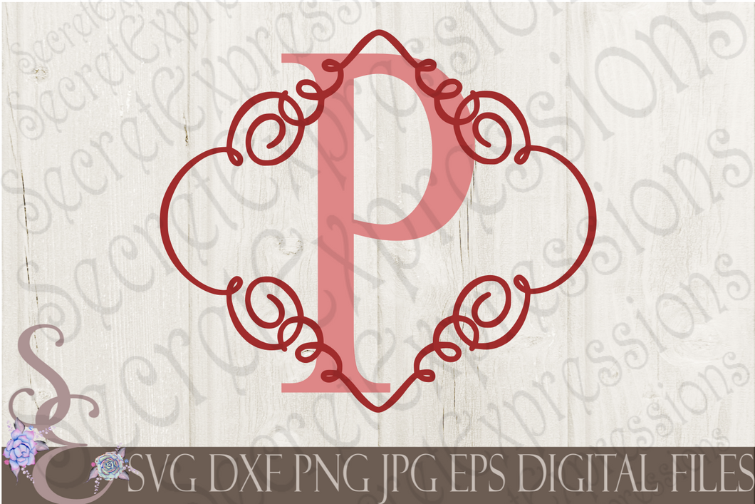 Letter P Initial Swirl Border Monogram Svg, Digital File, SVG, DXF, EPS, Png, Jpg, Cricut, Silhouette, Print File