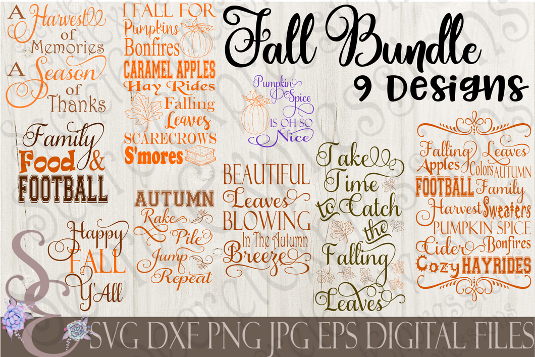 Fall SVG Bundle 9 Designs, Digital File, SVG, DXF, EPS, Png, Jpg, Cricut, Silhouette, Print File
