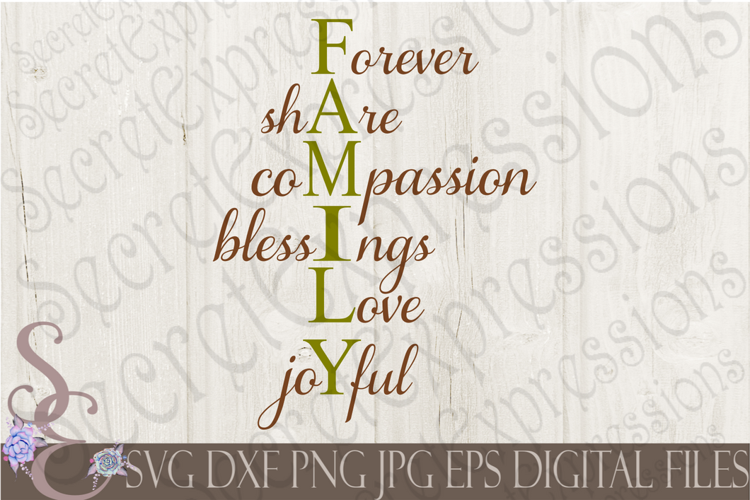 Family Svg, Forever Share Compassion Blessings Love Joyful, Digital File, SVG, DXF, EPS, Png, Jpg, Cricut, Silhouette, Print File