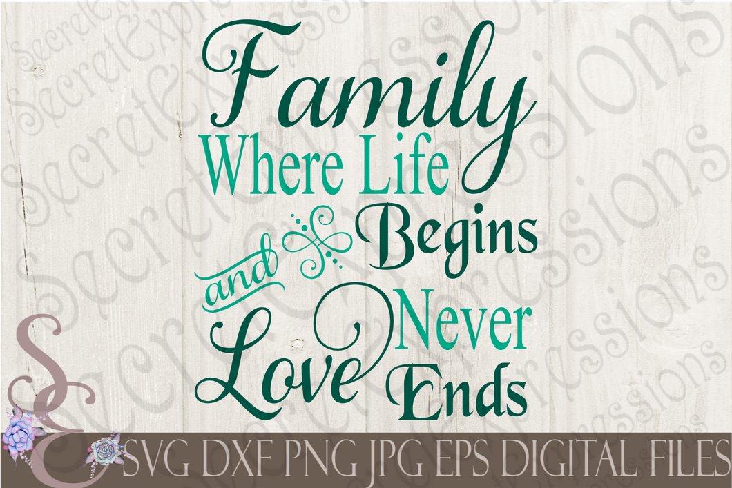 Family Where Life Begins & Love Never Ends Svg, Digital File, SVG, DXF, EPS, Png, Jpg, Cricut, Silhouette, Print File