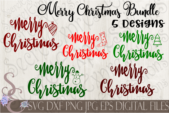 Merry Christmas SVG Bundle, 5 Digital File, SVG, DXF, EPS, Png, Jpg, Cricut, Silhouette, Print File